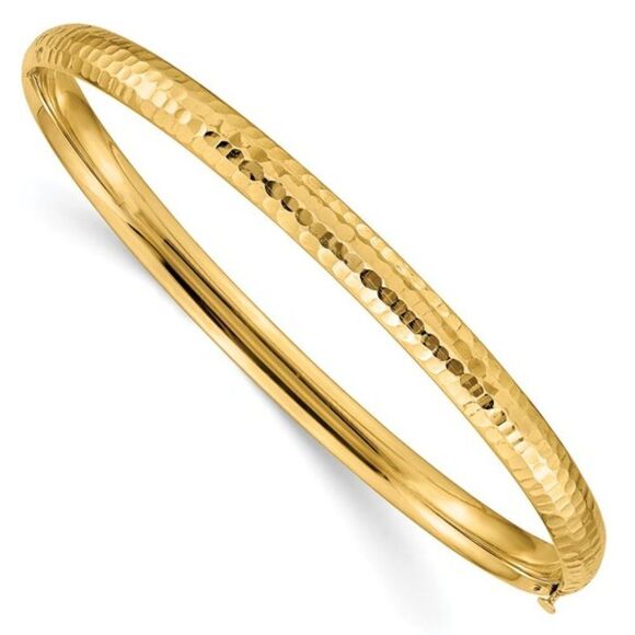 New 14k Gold Hammered and Hinged Bangle. 4.75 mm wide bangle. - Picture 1 of 11